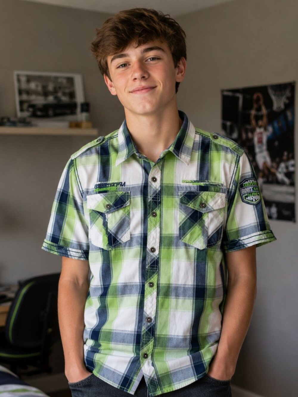 TXT Premium Collection Boy's Medium Button Up Grey Green Plaid Embroidered Logo